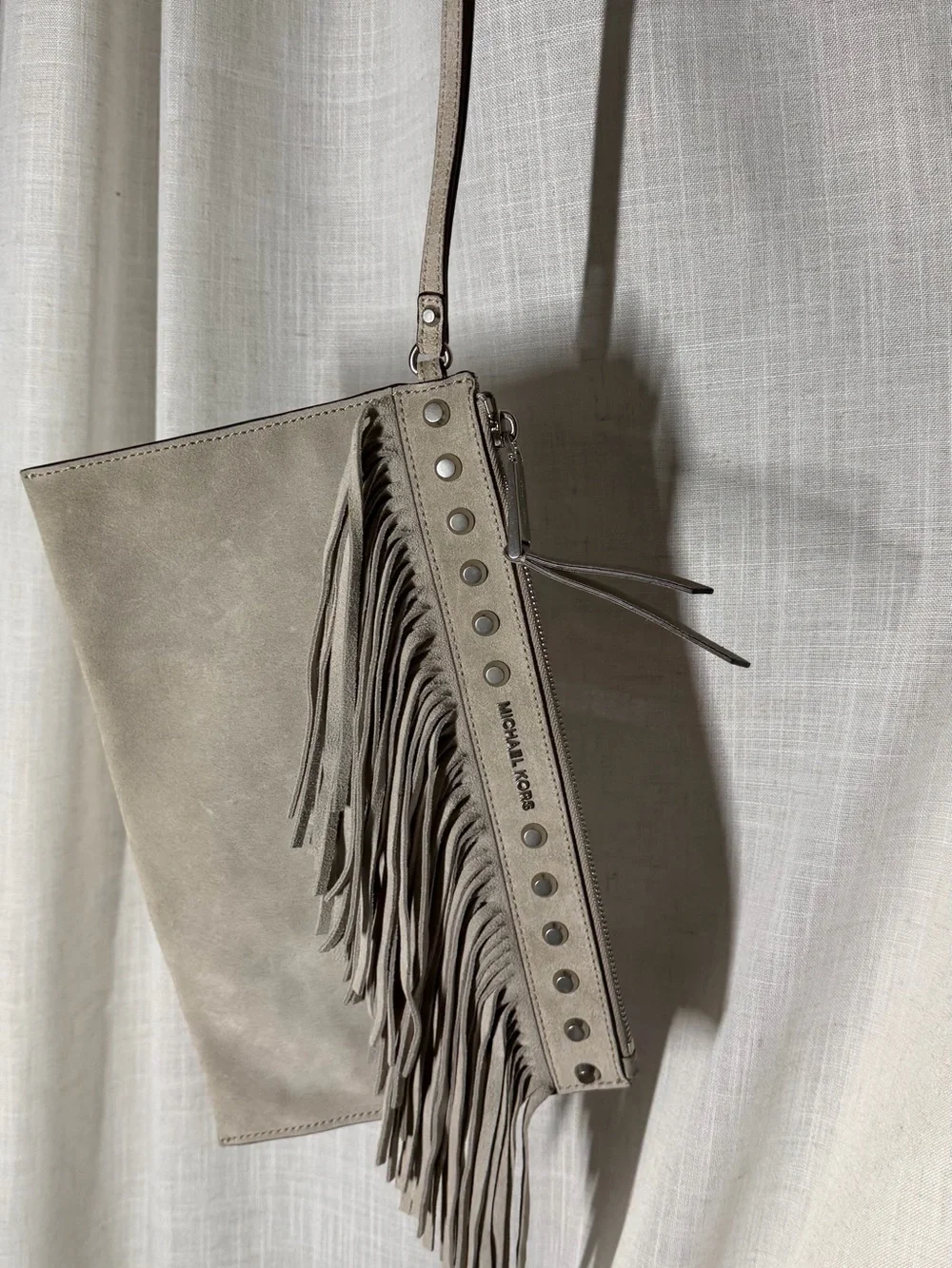 Michael Kors Taupe Fringe Leather Wristlet Clutch